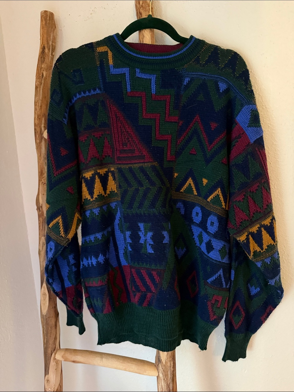 Men's Zeppelin Vintage 80s 90s Crewneck Sweater - Forest Green Multi Geometric L